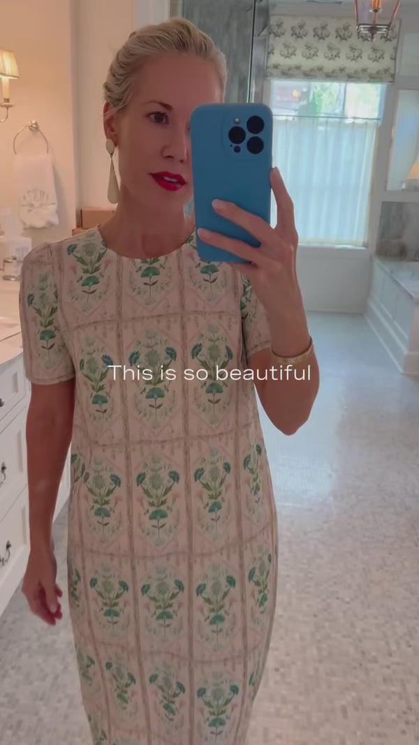 Hunter Bell wearing the Valerie Dress in pink trellis.