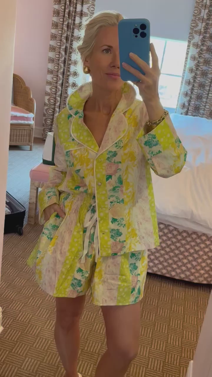 Hunter Bell wearing the PJ set in Floral Marble Mix.
