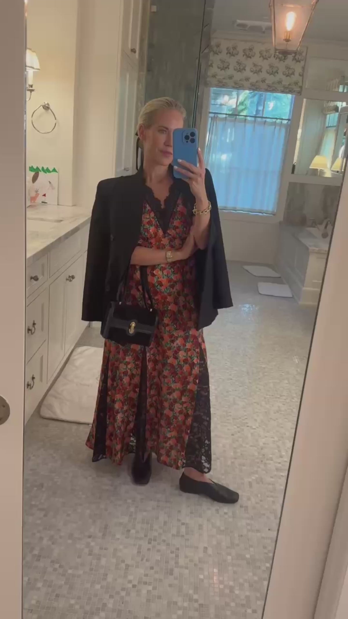 Hunter in the Vela Dress in Crimson Blossom.