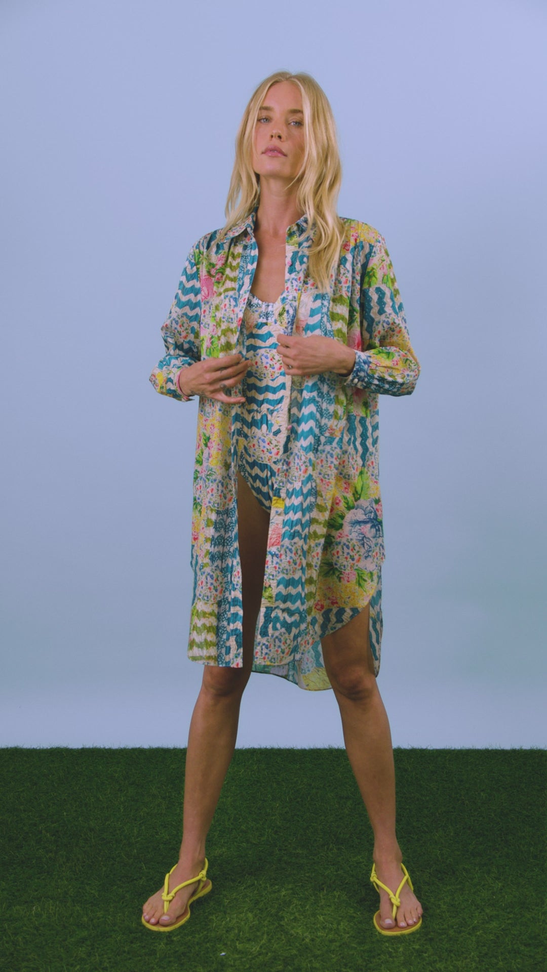 The Flora Cover Up in Morning Glory paired with matching one piece set
