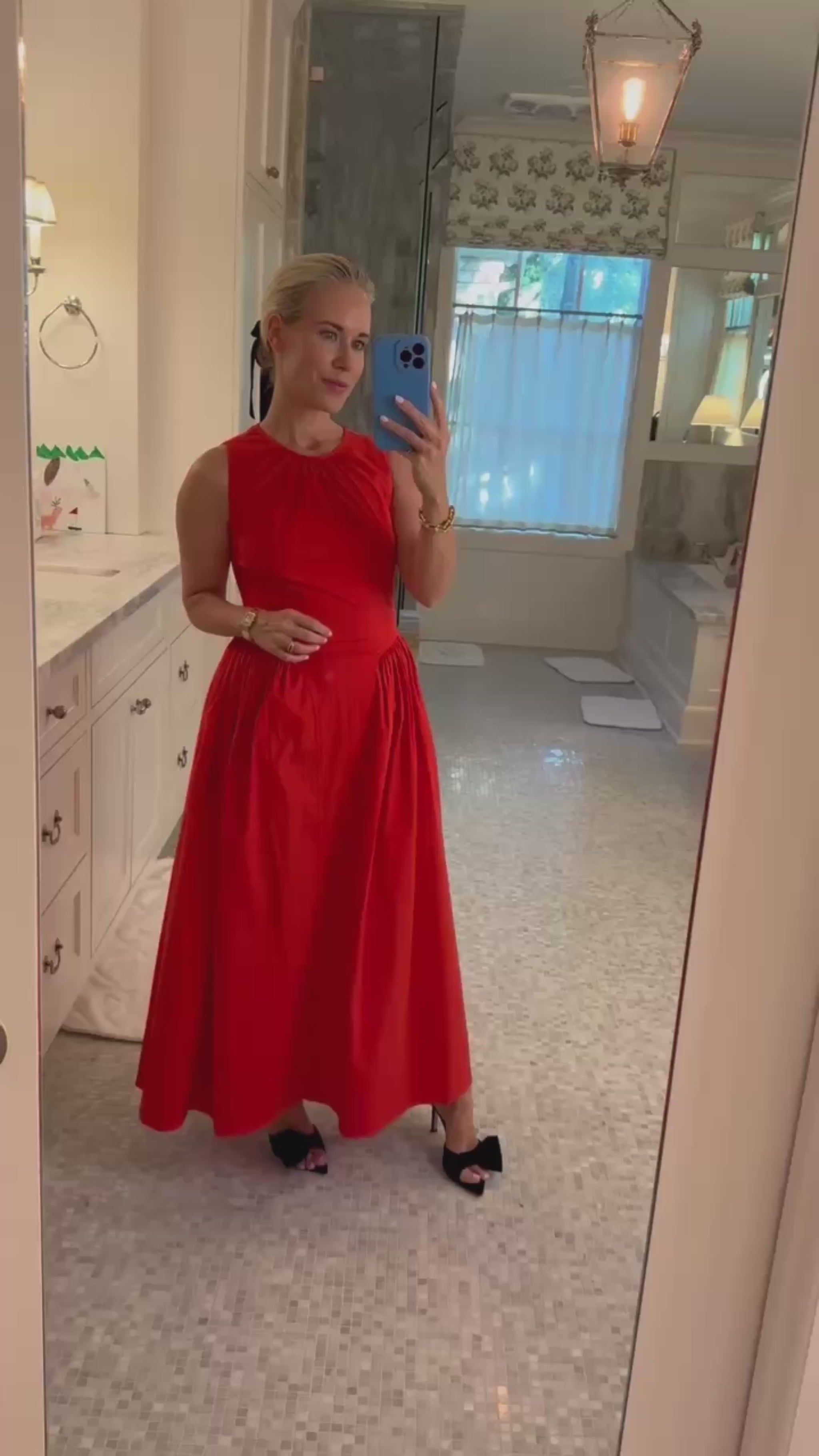 Hunter in the Nantucket Dress in Crimson Red.