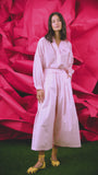 The Whisper Pant in Pink Sand paired with the matching Evangeline Shirt.