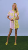 The Nicole Dress in Marble Mix with self-tie belt and fabric bell ends.