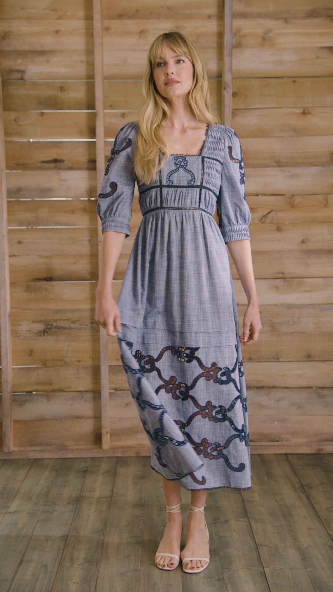 Embroidered Midi Dress with a square neckline, crochet lace tracing the bodice, skirt, and sleeves.