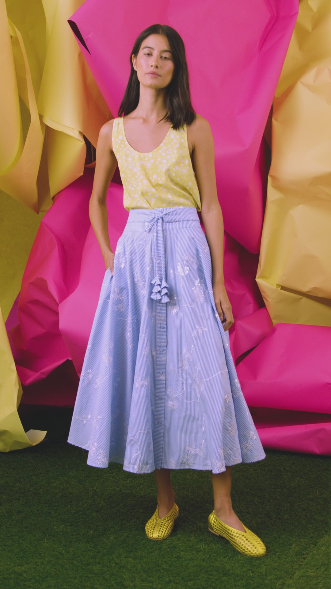 Thistle Skirt in Sullivan Stripe paired with Rhode Tank in White.