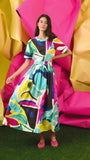 Midi dress in colorful print including pink, green, pink and black with side bodice cut-outs