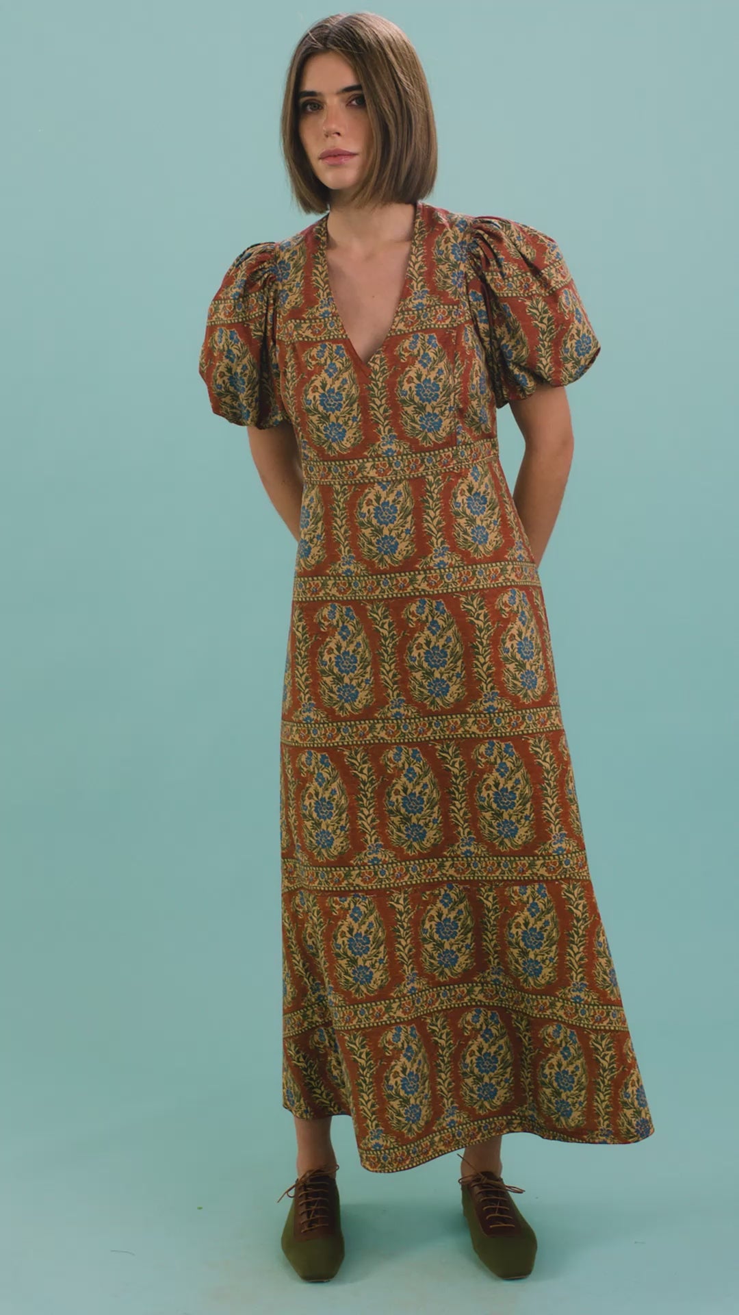 The Harrison Dress in Amber Glen Brown. 