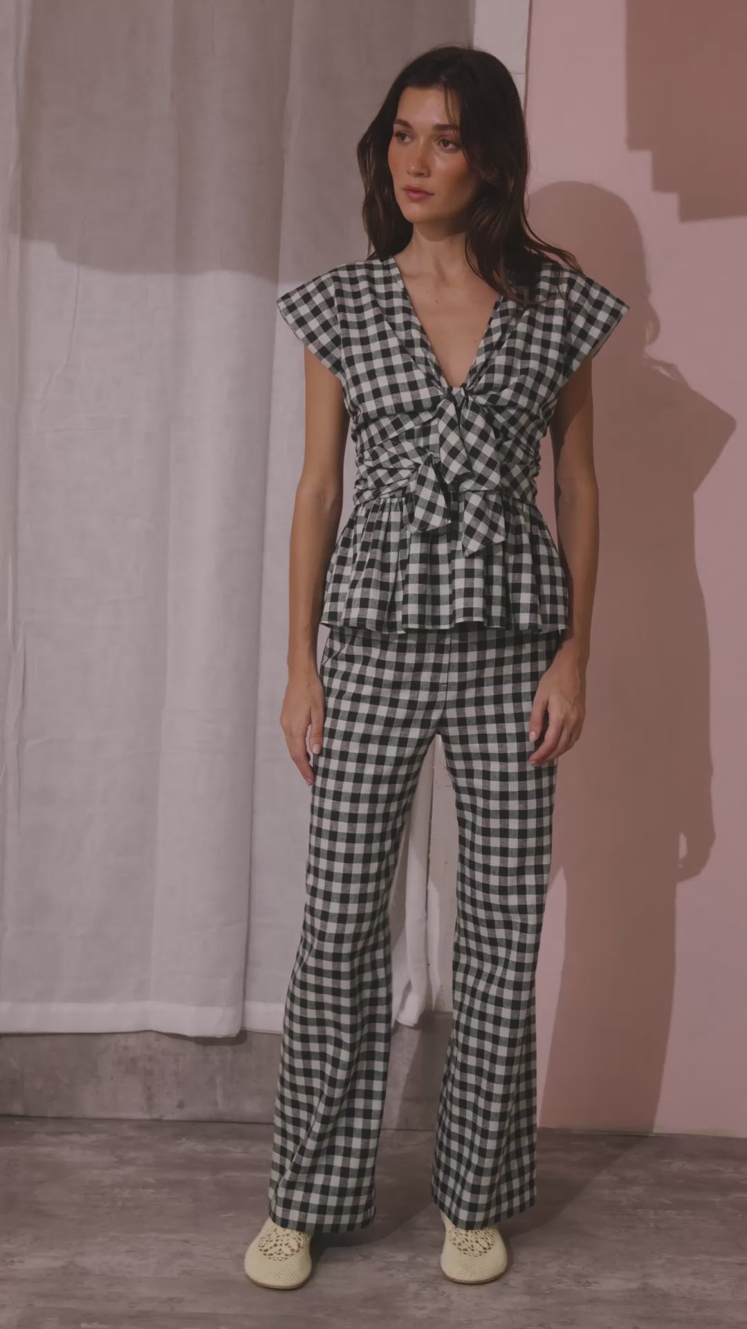The Everly Top with matching Juno Pants in Hamilton Check paired with pale yellow shoes.