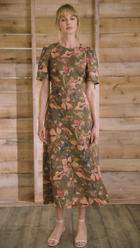 Sheath midi dress with curved waist and relaxed skirt in Olive Floral print.