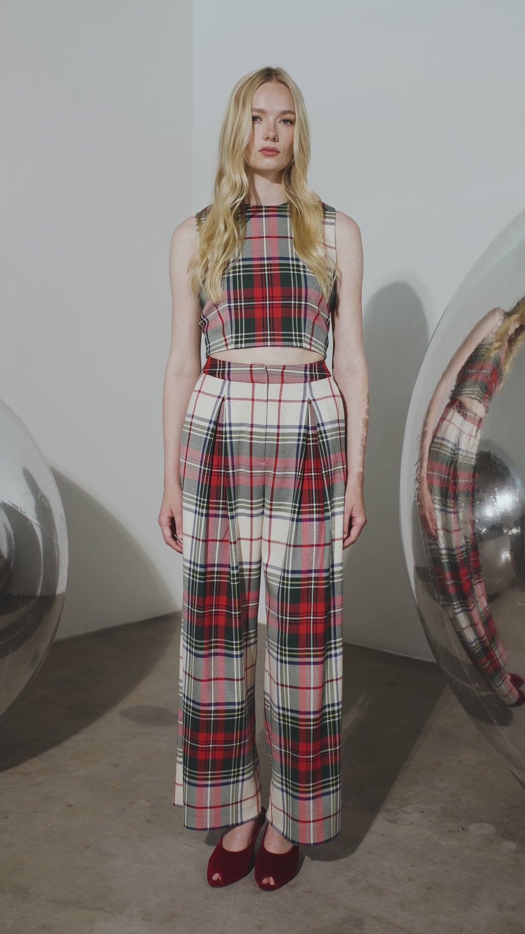 The Ridley Pant in Kensington Plaid Crimson paired with the Royce Top.
