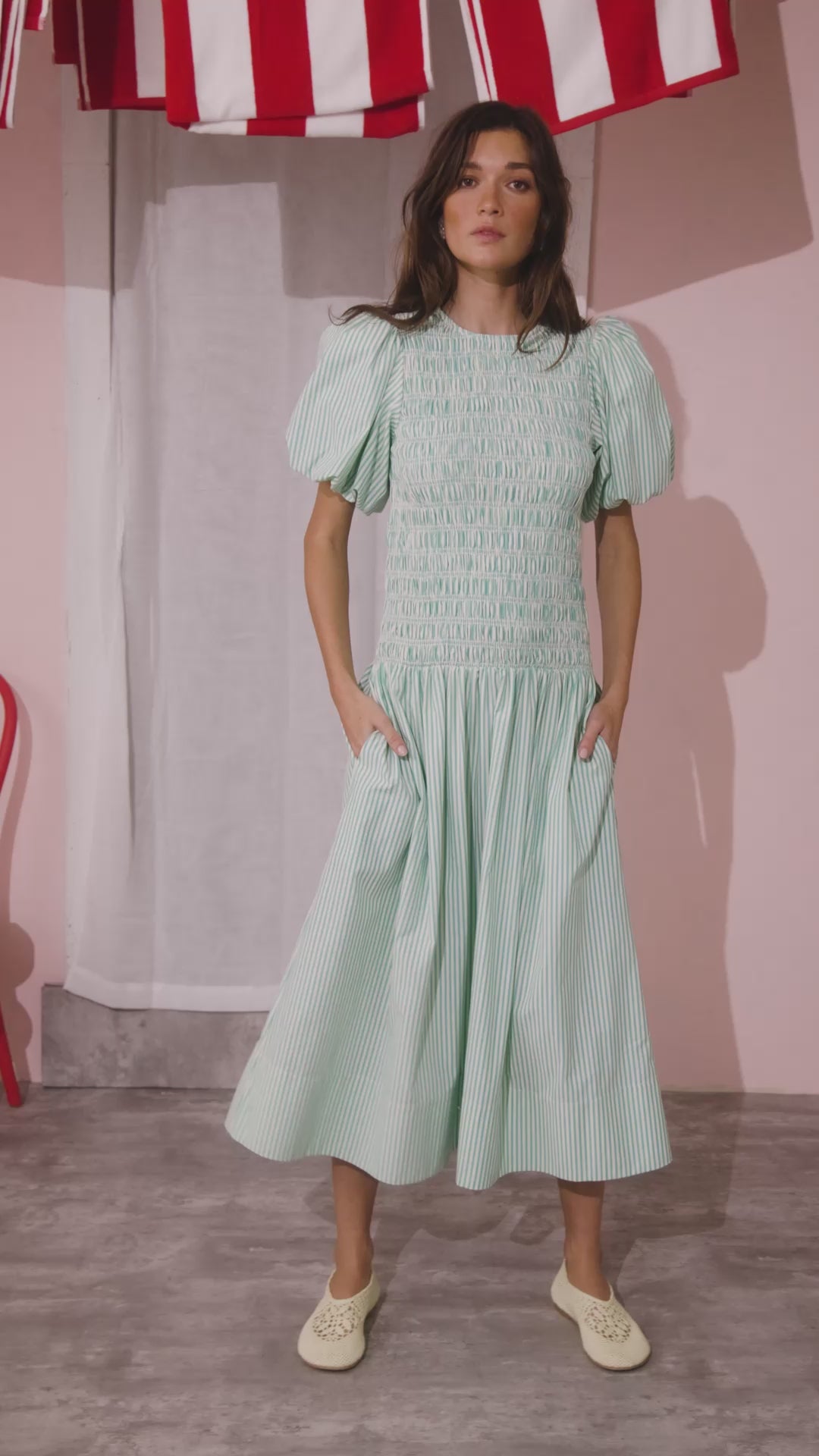 The Scarlet Dress in Saltwater paired with pale yellow shoes.