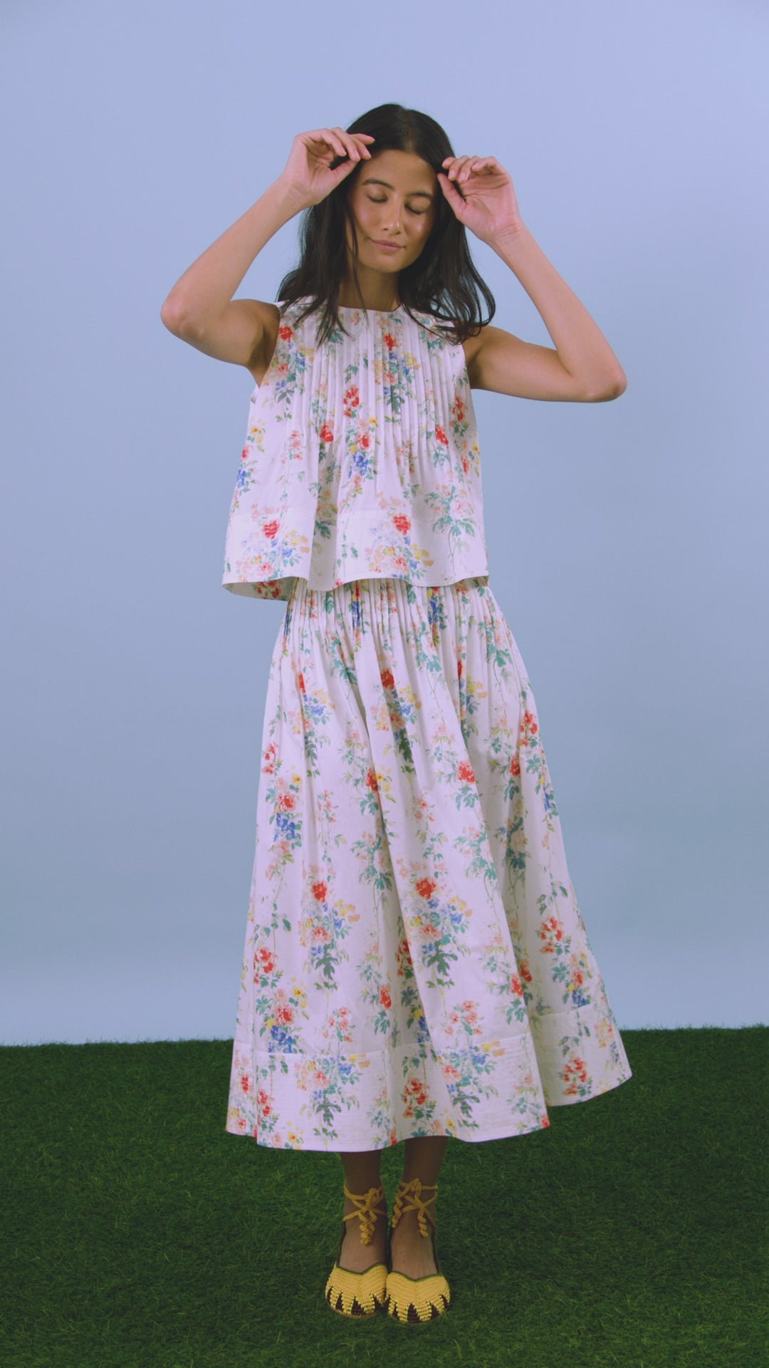 The Charles Top in falling blossom print paired with matching Fallon Skirt