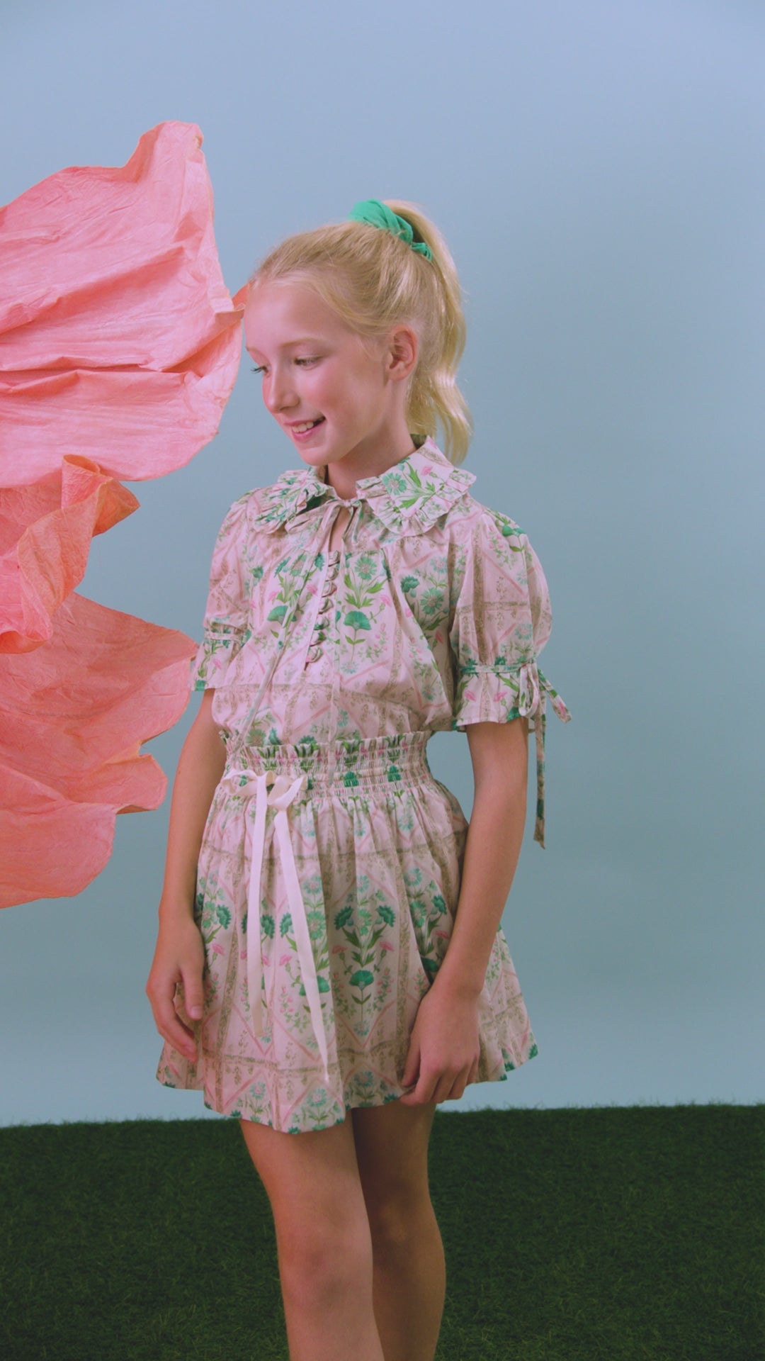 The Kids Mayfair Top in Pink Trellis paired with matching Rosie Skirt.