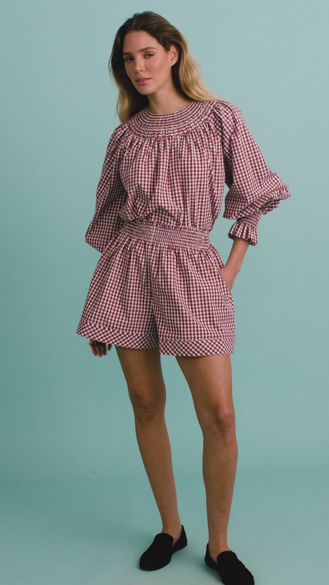 The Hayes Top in Cotswold Check Rust paired with matching Jemma Shorts.