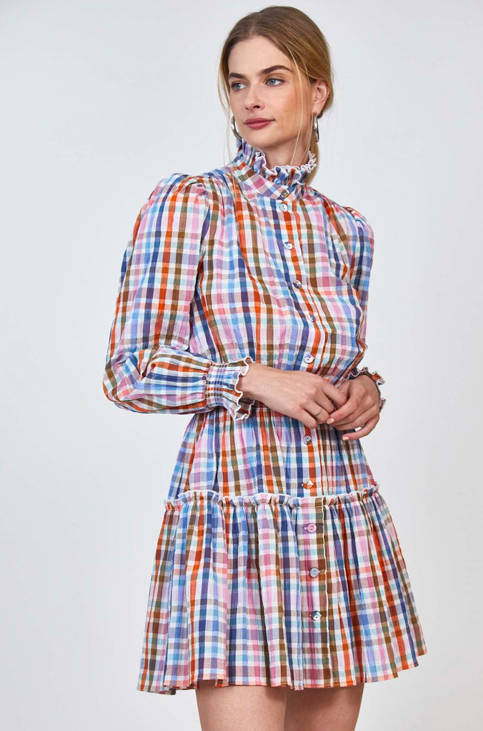 The Joplin dress is a high neck mini dress that cinches and flares in all the right places.